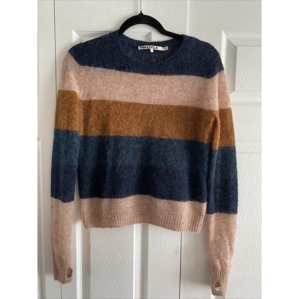 Pam Gela Revolve Striped Alpaca Wool Sweater Womens Size‎ S Navy Tan Fuzzy